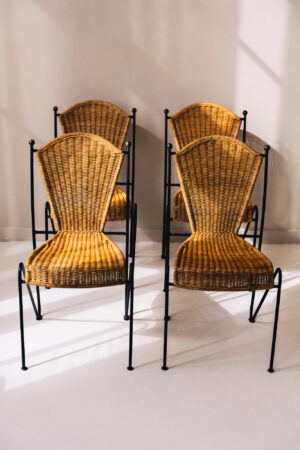 Frederic Weinberg Wicker Chairs with Wrought Iron Legs